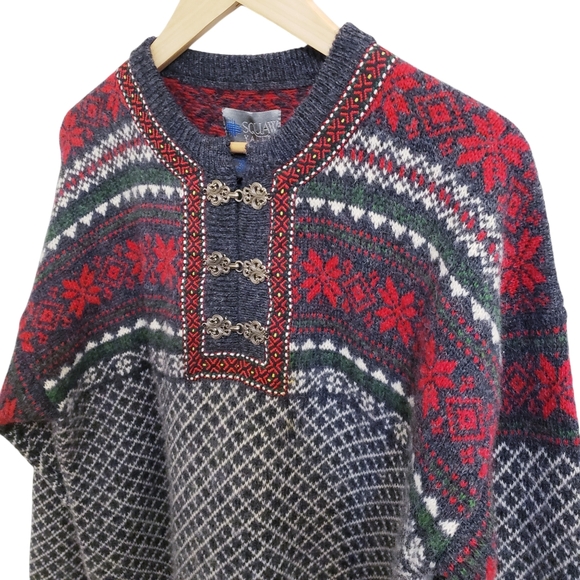 Squaw Valley Wool Nordic Fairisle Patterned Sweater Ornate Metal Clasps Sz L - Picture 6 of 10
